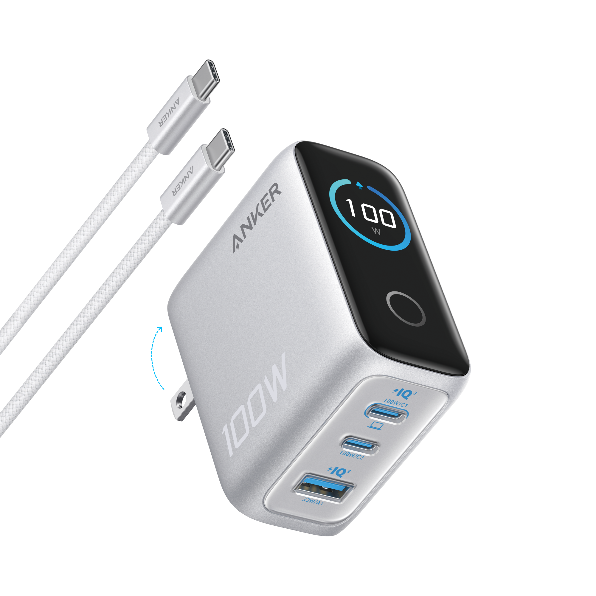 Anker Charger (100W, 3 Ports, Smart Display) Silver